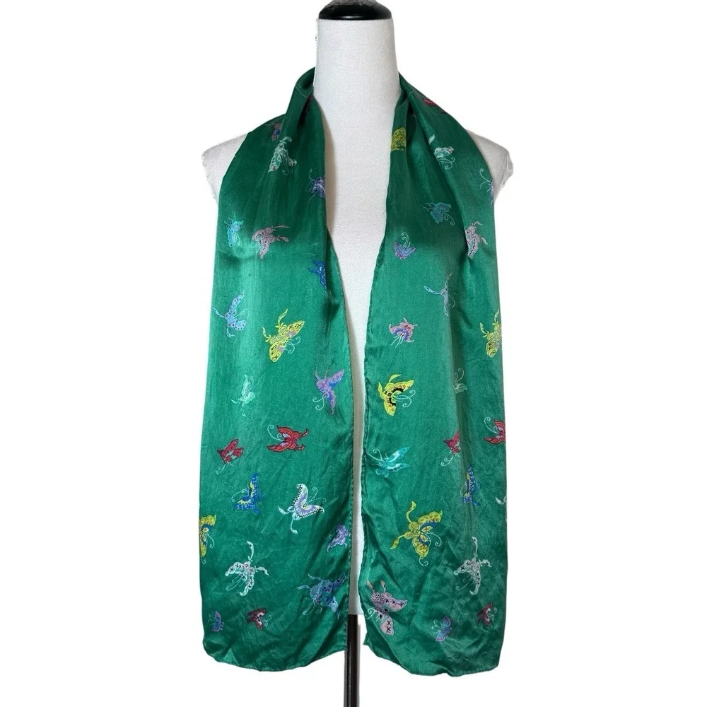 SMITHSONIAN INSTITUTION Womens Green Silk Scarf W Butterflies Motifs Art To Wear